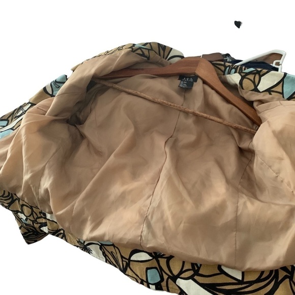 R.Q.T Linen Boxy Teal Cream Brown Graphic Cropped Lightweight Blazer Sz 12P - Picture 5 of 10